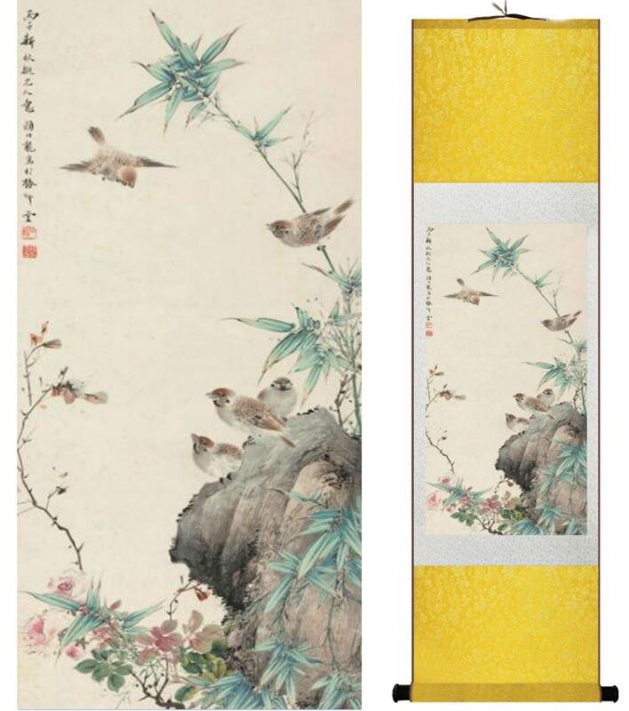 Chinese Art Scroll Painting Yanbolong Bird And Flower Ancient Silk Picture Wall Ideas 14762-Chinese Style Finds™