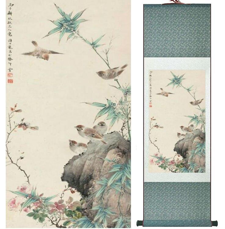 Chinese Art Scroll Painting Yanbolong Bird And Flower Ancient Silk Picture Wall Ideas 14762-Chinese Style Finds™