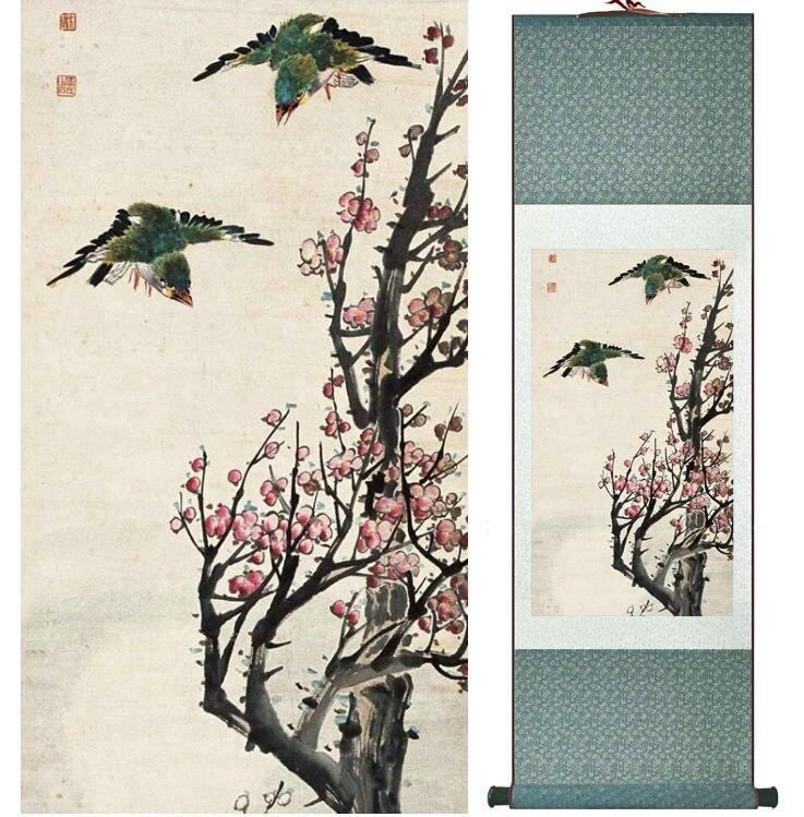 Chinese Art Scroll Painting Yanbolong Bird And Flower Ancient Silk Picture Wall Ideas 14766-Chinese Style Finds™