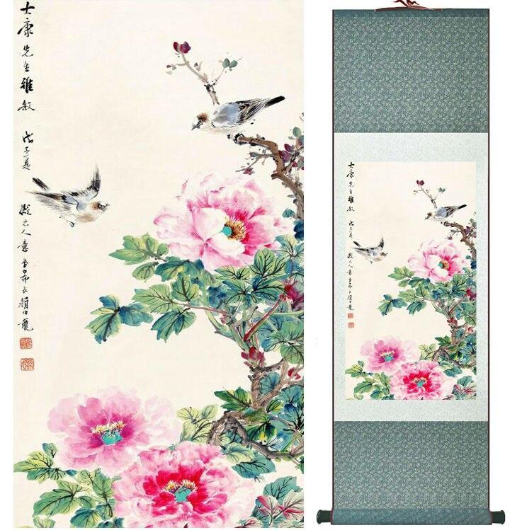 Chinese Art Scroll Painting Yanbolong Bird And Flower Ancient Silk Picture Wall Ideas 14770-Chinese Style Finds™