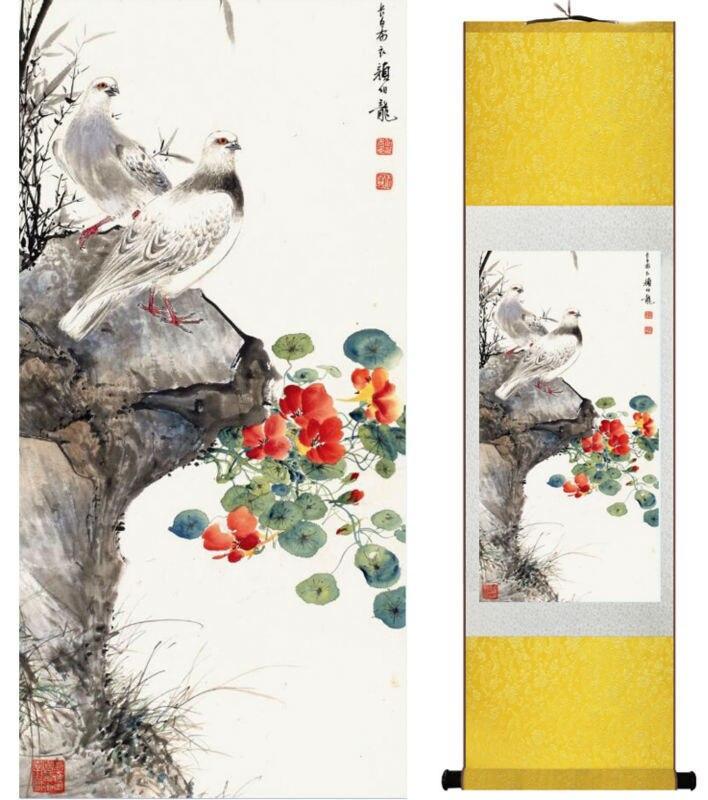 Chinese Art Scroll Painting Yanbolong Bird And Flower Ancient Silk Picture Wall Ideas 14774-Chinese Style Finds™