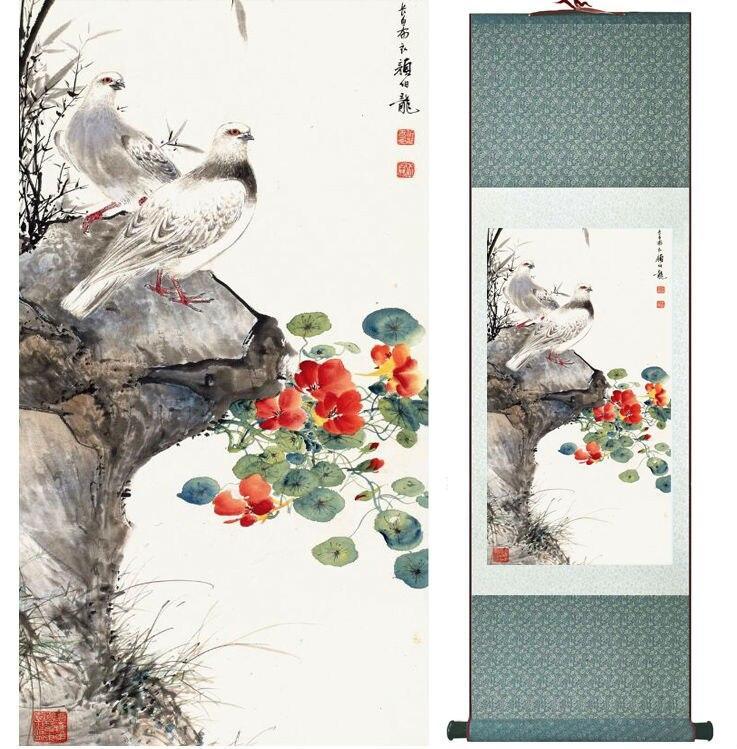 Chinese Art Scroll Painting Yanbolong Bird And Flower Ancient Silk Picture Wall Ideas 14774-Chinese Style Finds™