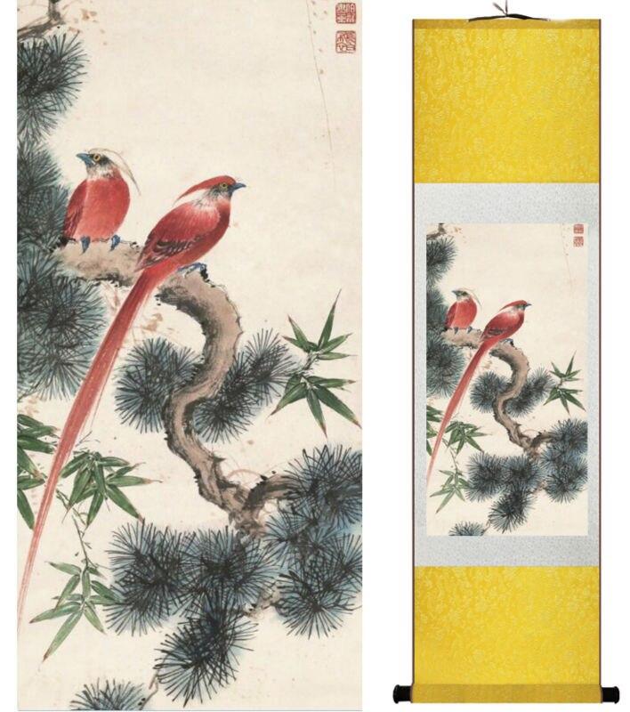 Chinese Art Scroll Painting Yanbolong Bird On Tree Ancient Silk Picture Wall Ideas 14354-Chinese Style Finds™