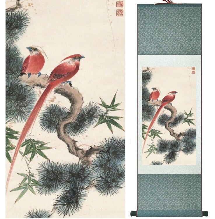 Chinese Art Scroll Painting Yanbolong Bird On Tree Ancient Silk Picture Wall Ideas 14354-Chinese Style Finds™