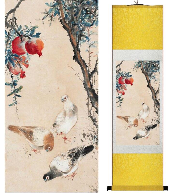 Chinese Art Scroll Painting Yanbolong Dove Animal Birds Peace Ancient Silk Picture Wall Ideas 14330-Chinese Style Finds™