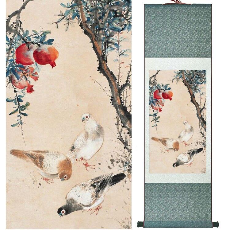 Chinese Art Scroll Painting Yanbolong Dove Animal Birds Peace Ancient Silk Picture Wall Ideas 14330-Chinese Style Finds™