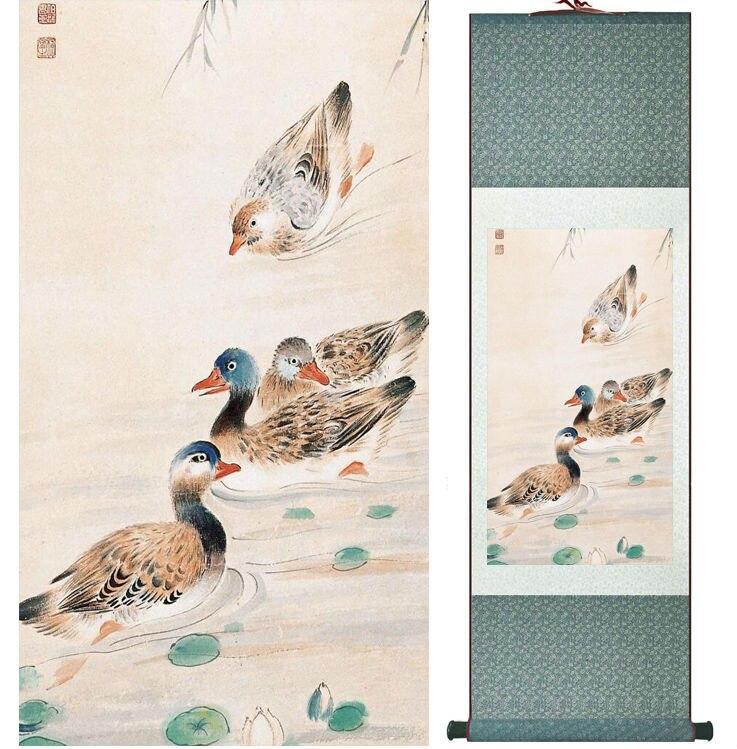 Chinese Art Scroll Painting Yanbolong Ducks Ancient Silk Picture Wall Ideas 14778-Chinese Style Finds™