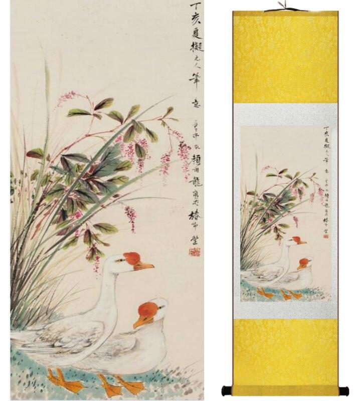 Chinese Art Scroll Painting Yanbolong Goose Ancient Silk Picture Wall Ideas 14746-Chinese Style Finds™