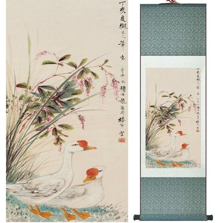 Chinese Art Scroll Painting Yanbolong Goose Ancient Silk Picture Wall Ideas 14746-Chinese Style Finds™