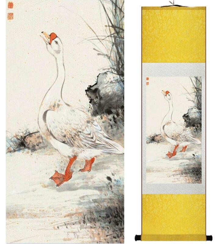 Chinese Art Scroll Painting Yanbolong Goose Ancient Silk Picture Wall Ideas 14790-Chinese Style Finds™