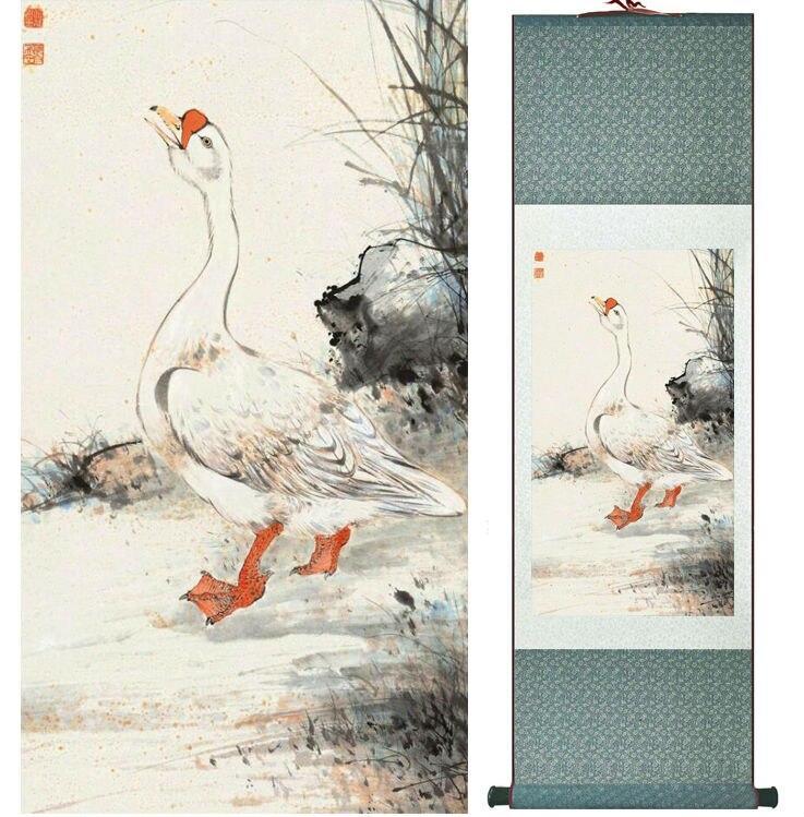 Chinese Art Scroll Painting Yanbolong Goose Ancient Silk Picture Wall Ideas 14790-Chinese Style Finds™