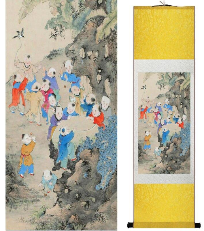 Chinese Art Scroll Painting Yanbolong Hundreds Kids Ancient Silk Picture Wall Ideas 14738-Chinese Style Finds™