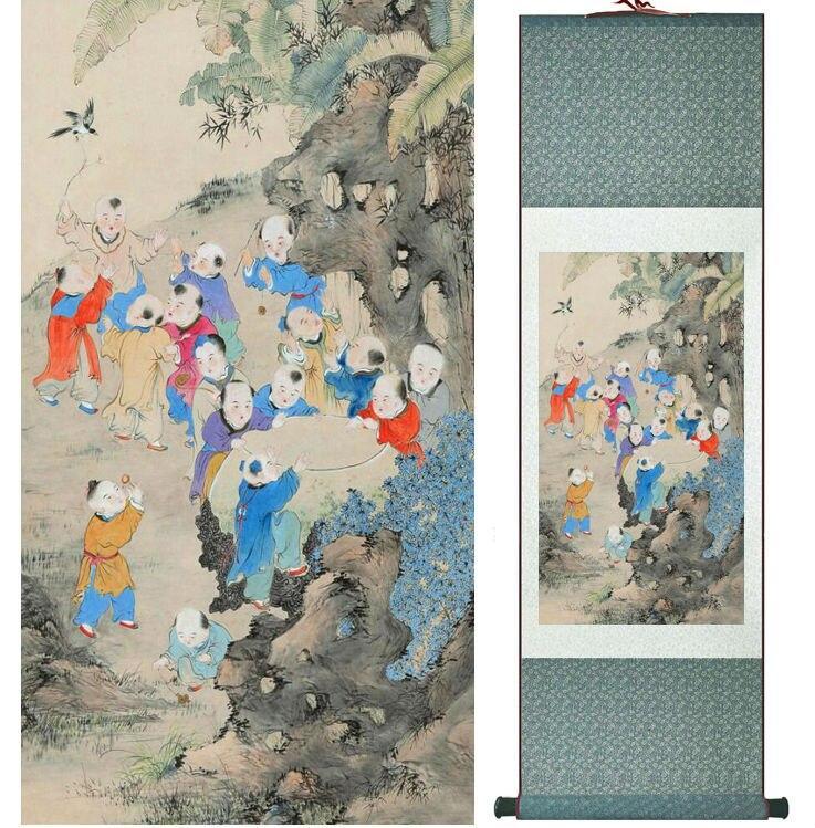 Chinese Art Scroll Painting Yanbolong Hundreds Kids Ancient Silk Picture Wall Ideas 14738-Chinese Style Finds™