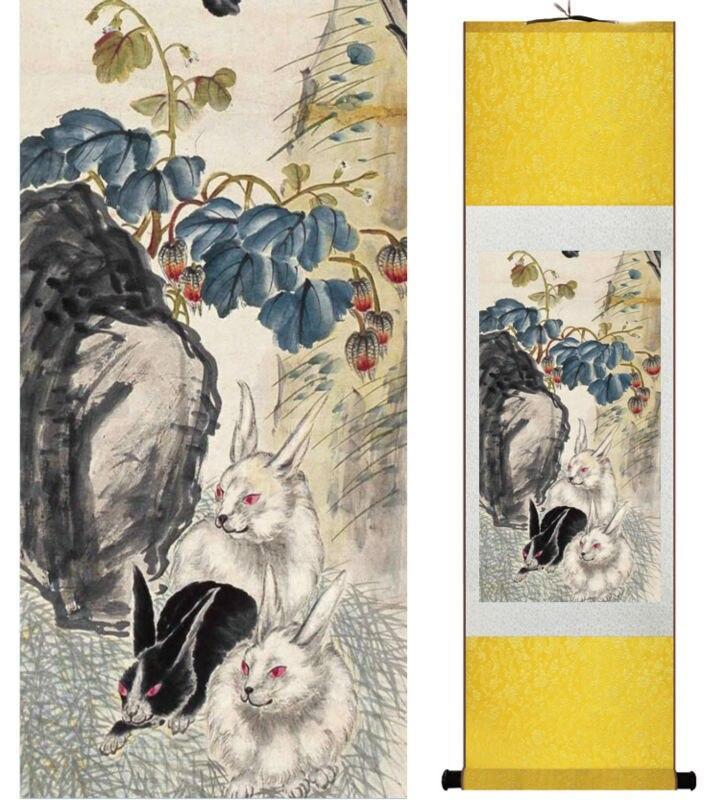 Chinese Art Scroll Painting Yanbolong Rabbits Ancient Silk Picture Wall Ideas 14730-Chinese Style Finds™