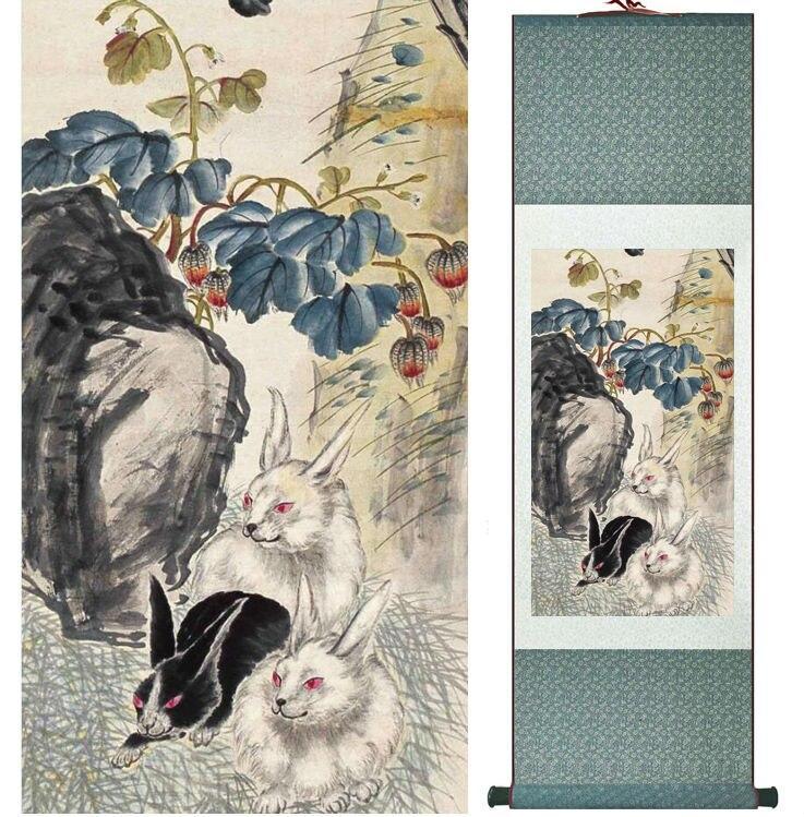 Chinese Art Scroll Painting Yanbolong Rabbits Ancient Silk Picture Wall Ideas 14730-Chinese Style Finds™