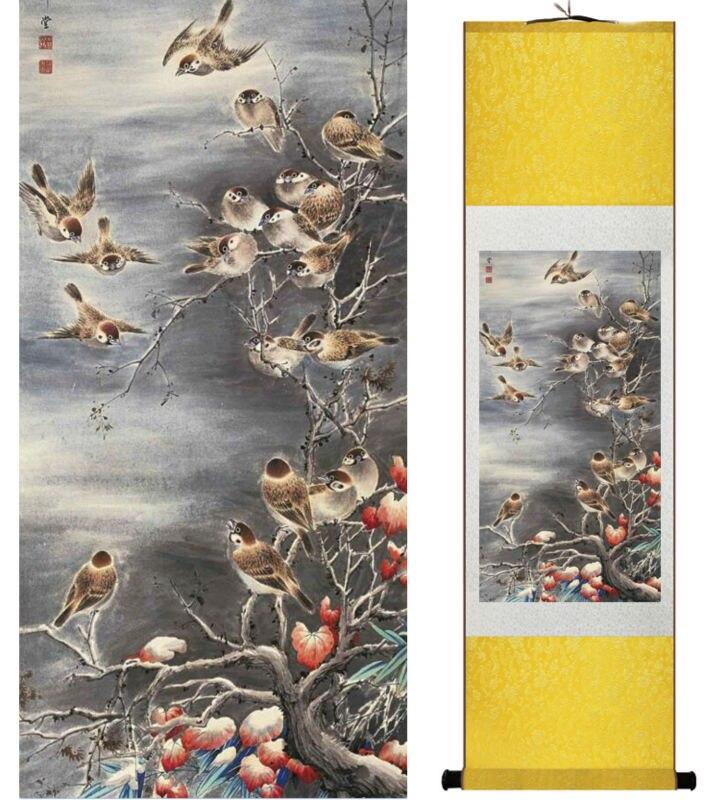 Chinese Art Scroll Painting Yanbolong Sparrows Ancient Silk Picture Wall Ideas 14722-Chinese Style Finds™