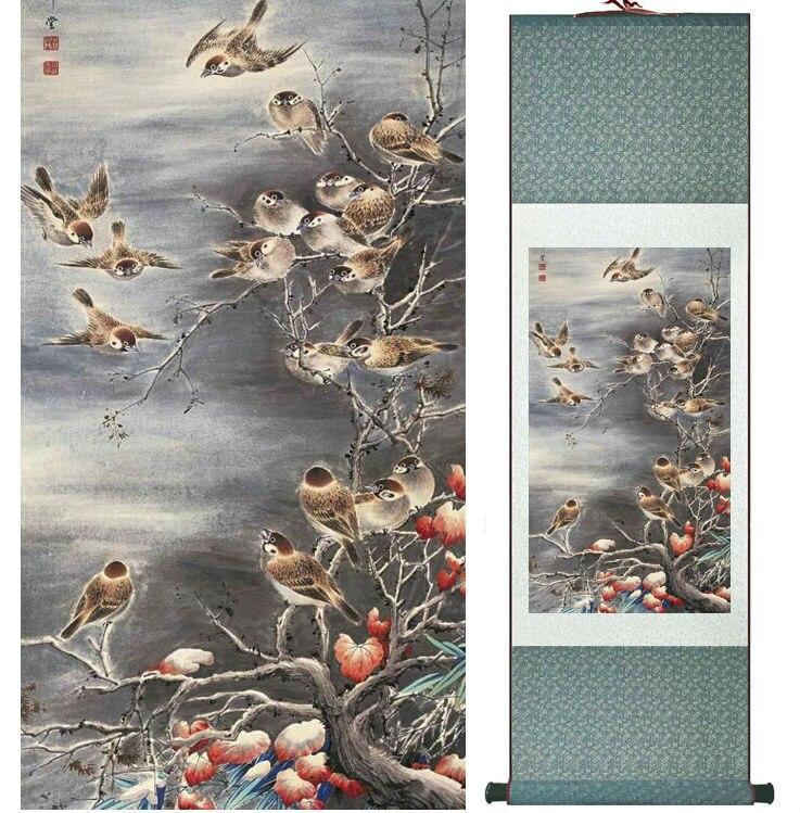 Chinese Art Scroll Painting Yanbolong Sparrows Ancient Silk Picture Wall Ideas 14722-Chinese Style Finds™