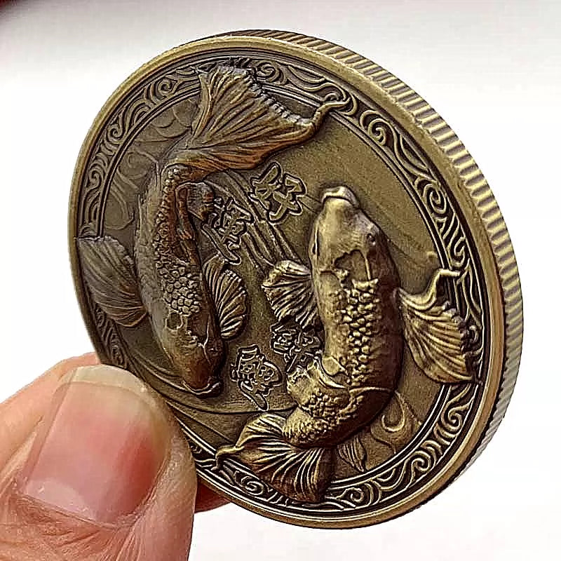 Chinese Koi Carp Coins Jin Li 锦鲤 Good Luck Fish Coin China Fengshui Fu 福 Coin 1827-Chinese Style Finds™