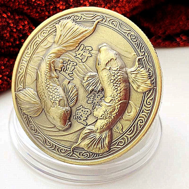 Chinese Koi Carp Coins Jin Li 锦鲤 Good Luck Fish Coin China Fengshui Fu 福 Coin 1827-Chinese Style Finds™