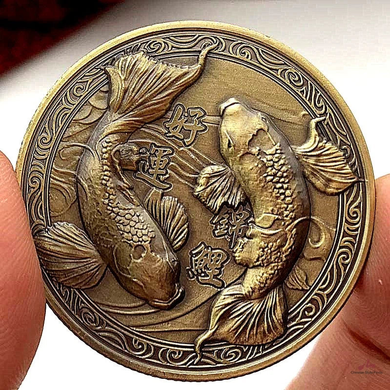 Chinese Koi Carp Coins Jin Li 锦鲤 Good Luck Fish Coin China Fengshui Fu 福 Coin 1827-Chinese Style Finds™