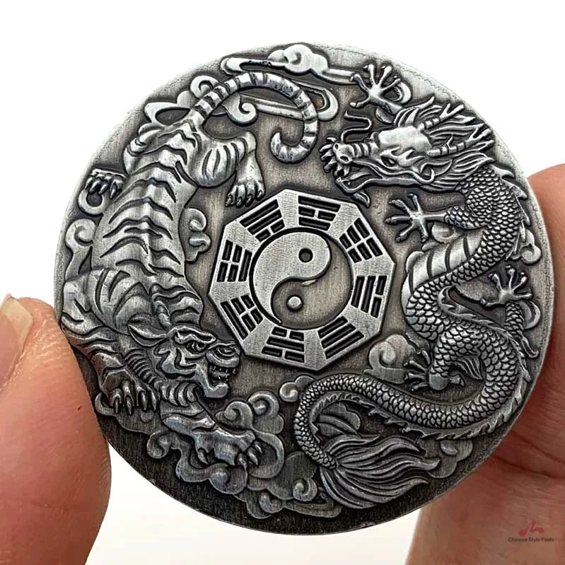 Chinese Tai Chi Bagua Coins Ancient Dragon Tiger Craft Fengshui Coin 龙腾虎斗太极八卦 1799-Chinese Style Finds™