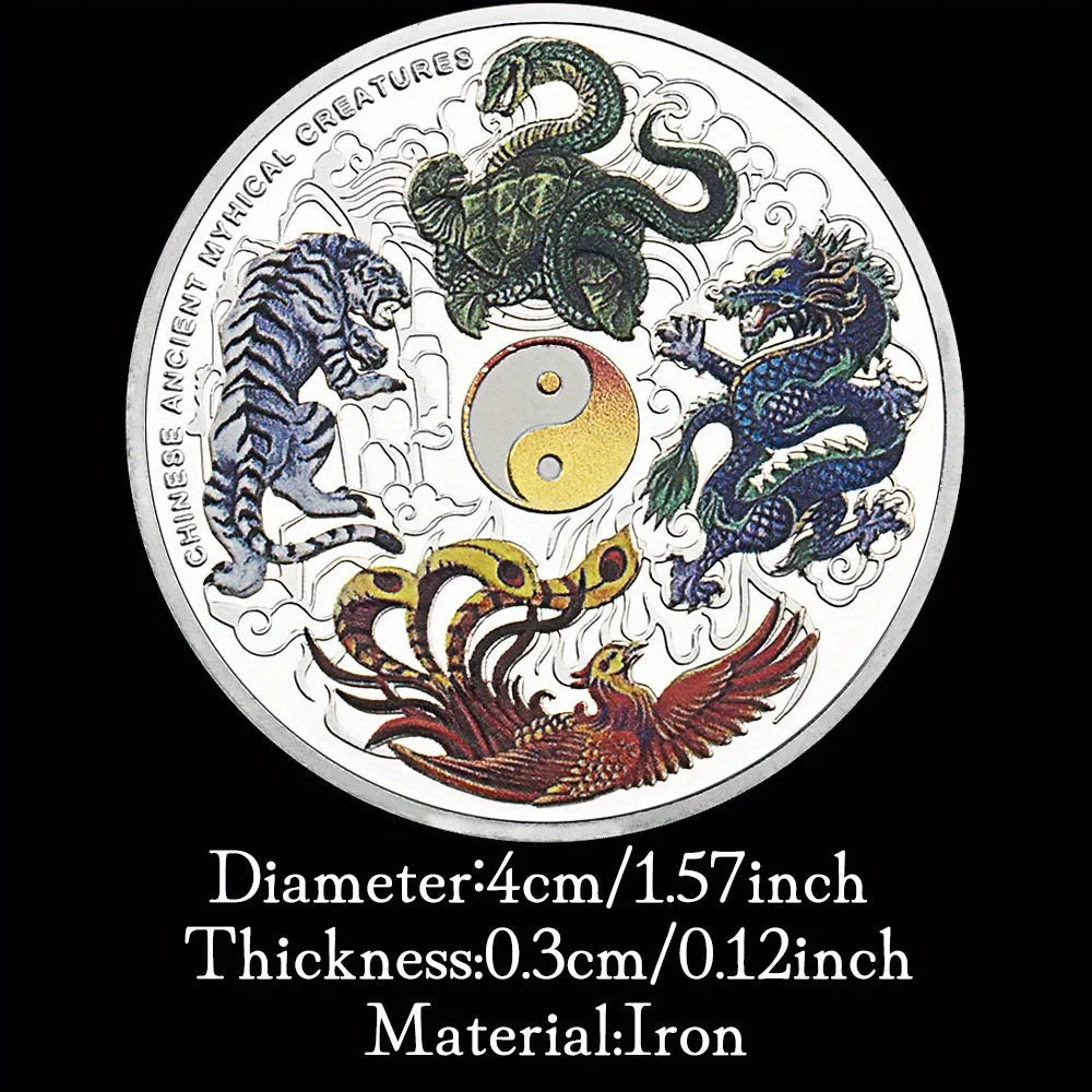 Four Great Mythical Creatures Blue Dragon Phoenix White Tiger Black Turtle Elizabeth II Head Silvery Plated Commemorative Coin 1298-Chinese Style Finds™