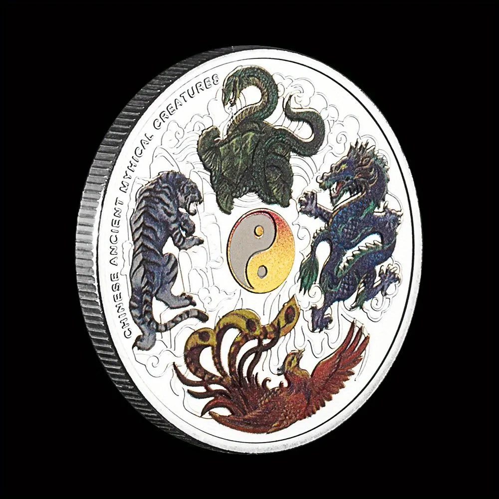 Four Great Mythical Creatures Blue Dragon Phoenix White Tiger Black Turtle Elizabeth II Head Silvery Plated Commemorative Coin 1298-Chinese Style Finds™