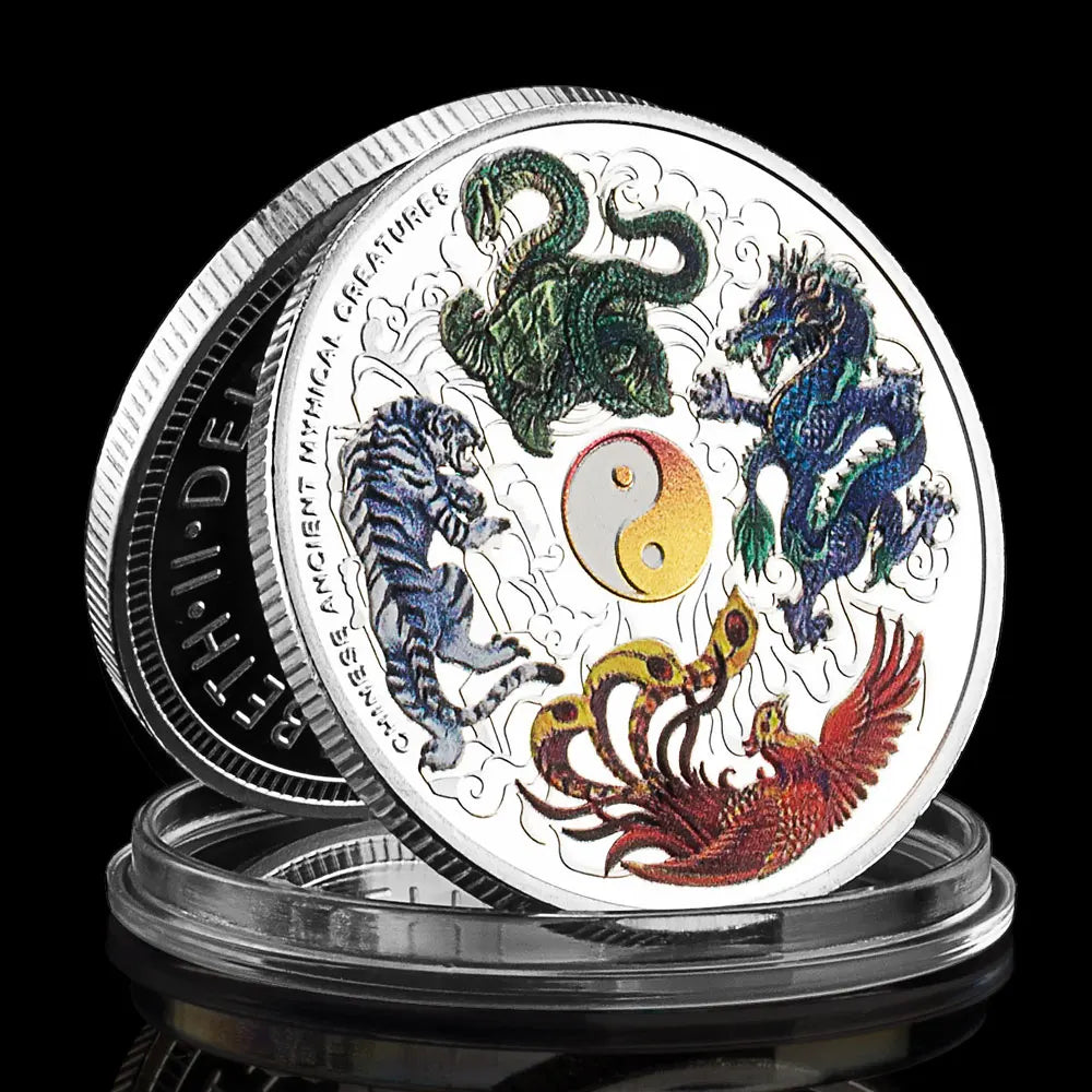 Four Great Mythical Creatures Blue Dragon Phoenix White Tiger Black Turtle Elizabeth II Head Silvery Plated Commemorative Coin 1298-Chinese Style Finds™