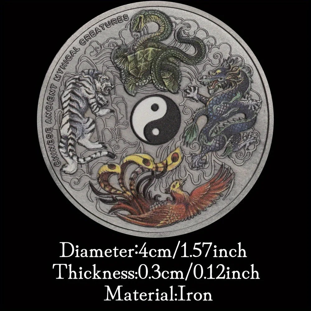 Four Great Mythical Creatures Blue Dragon Phoenix White Tiger Black Turtle Elizabeth II Head bronze Plated Commemorative Coin 1297-Chinese Style Finds™