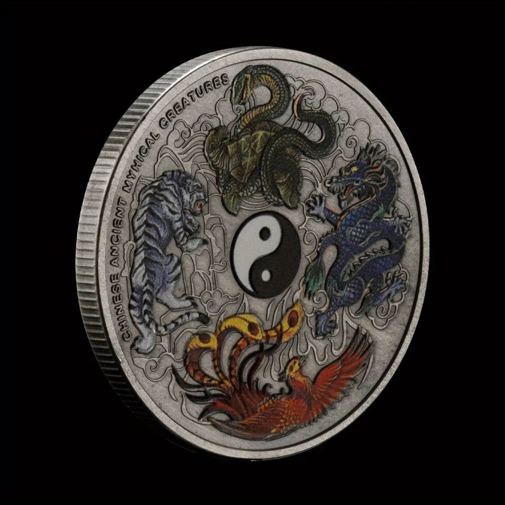 Four Great Mythical Creatures Blue Dragon Phoenix White Tiger Black Turtle Elizabeth II Head bronze Plated Commemorative Coin 1297-Chinese Style Finds™