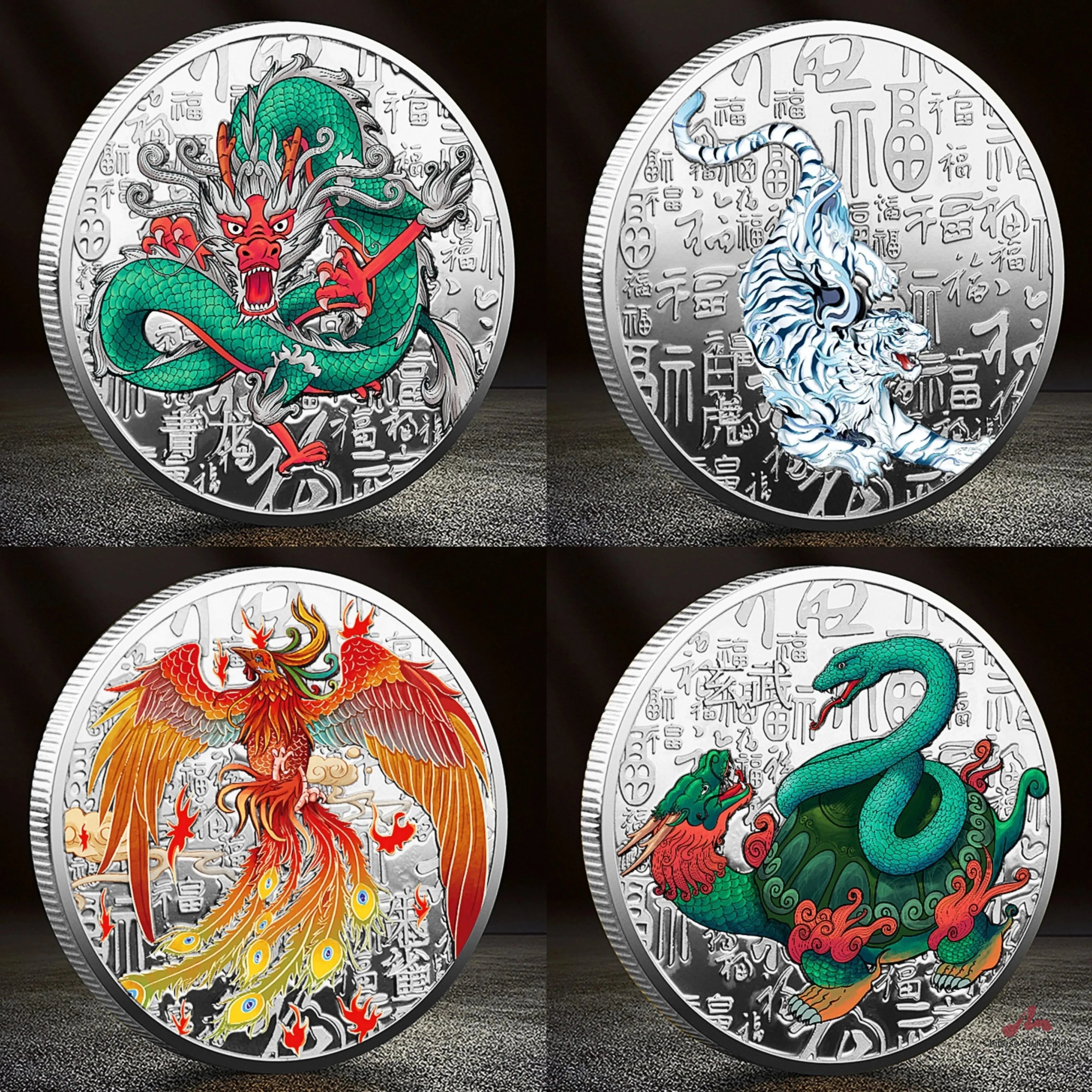 Four Great Mythical Sliver Coin Qing Long Bai Hu Zhu Que Xuan Wu Ancient China Feng Shui Gossip Ba Gua Coins 1708-Chinese Style Finds™