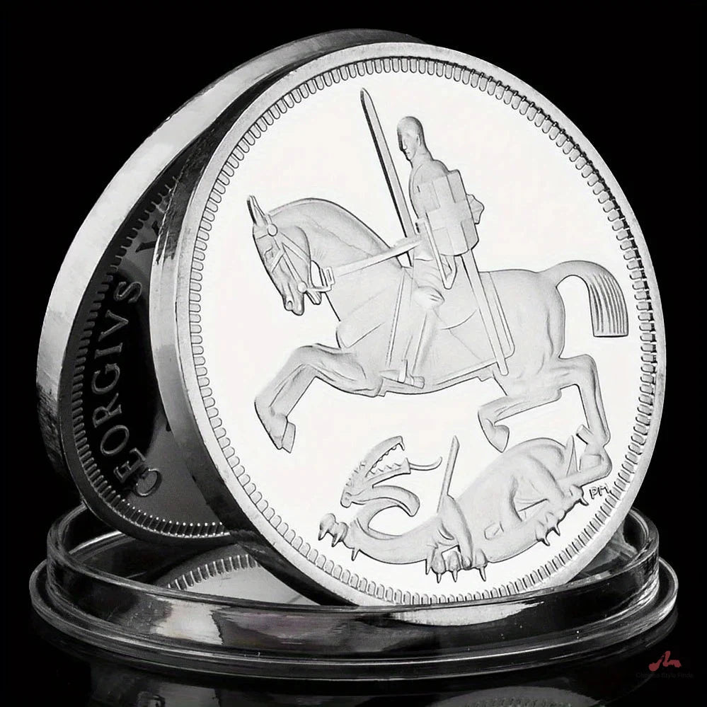 George V Collectible Silvery Plated Souvenir Coin Saint George and The Dragon Collection Art Commemorative Coin 1602-Chinese Style Finds™