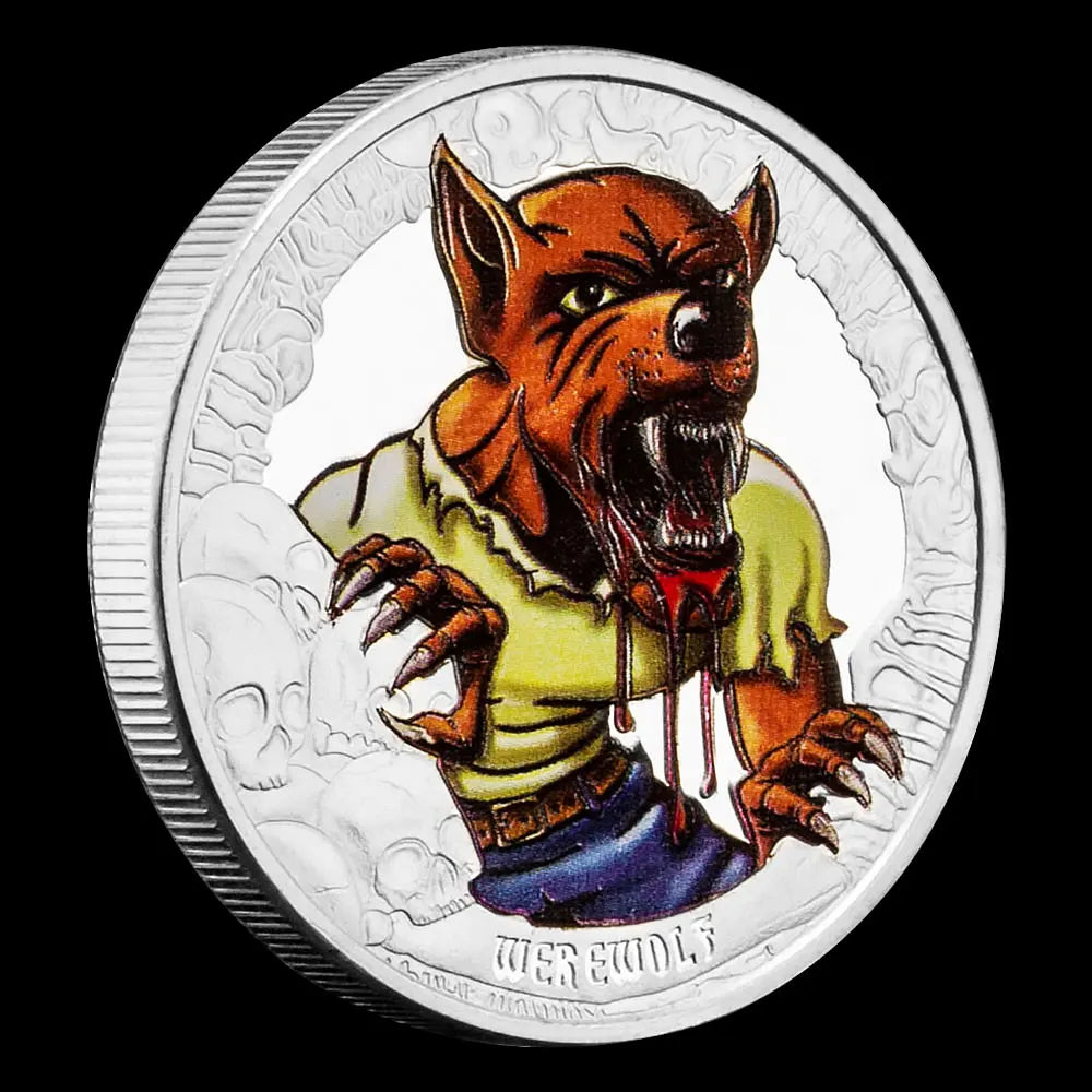 Halloween Collectible Silvery Plated Souvenir Coin Werewolf Colorful Printed Pattern Collection Art Commemorative Coin 1474-Chinese Style Finds™