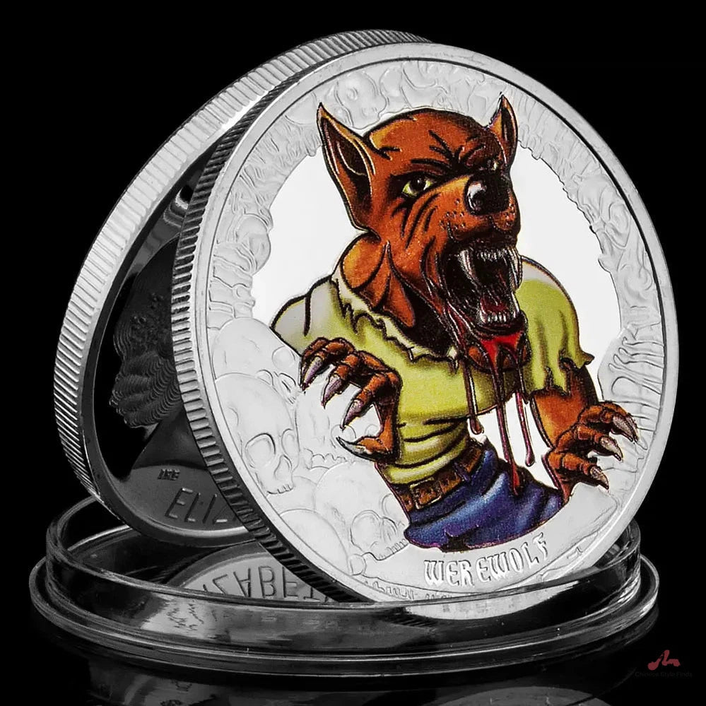 Halloween Collectible Silvery Plated Souvenir Coin Werewolf Colorful Printed Pattern Collection Art Commemorative Coin 1474-Chinese Style Finds™