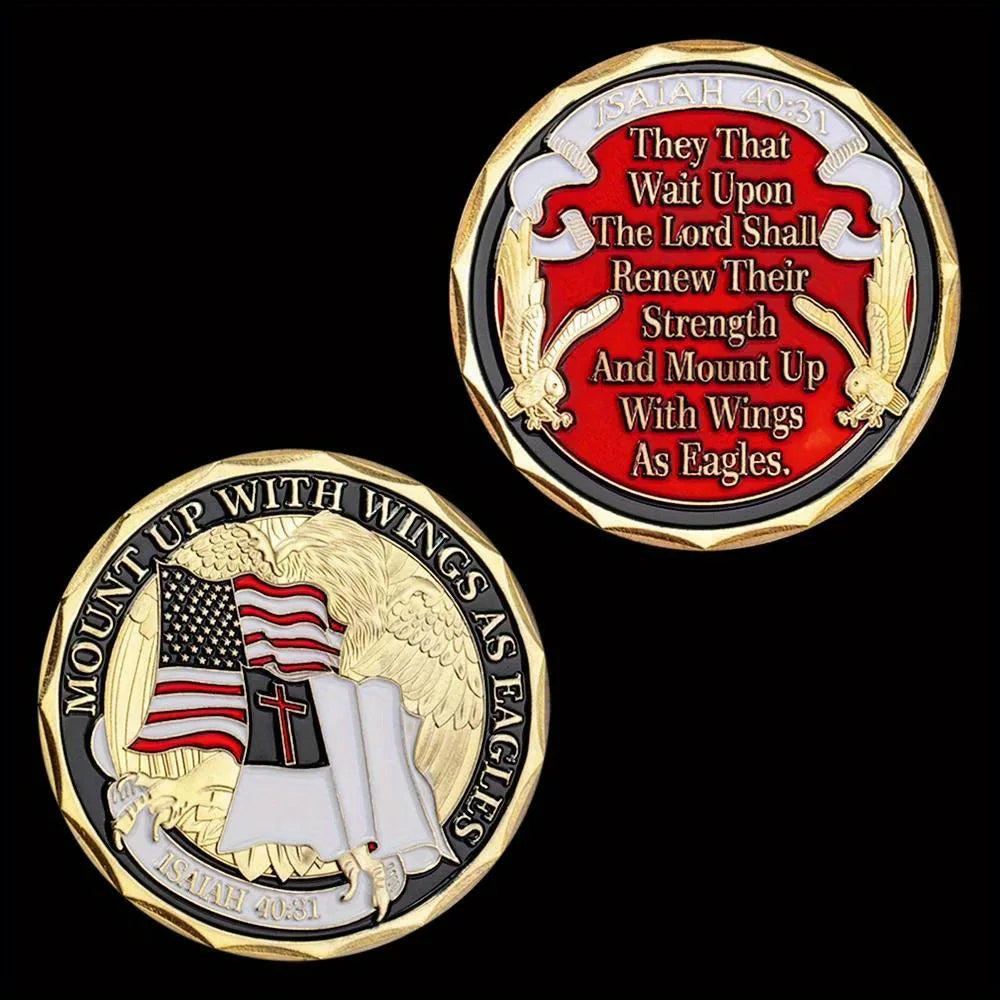 Isaiah 40:31 Mount Up with Wings As Eagles Christian Coin American Flag Military Challenge Coin Golden Plated Commemorative Coin 1235-Chinese Style Finds™