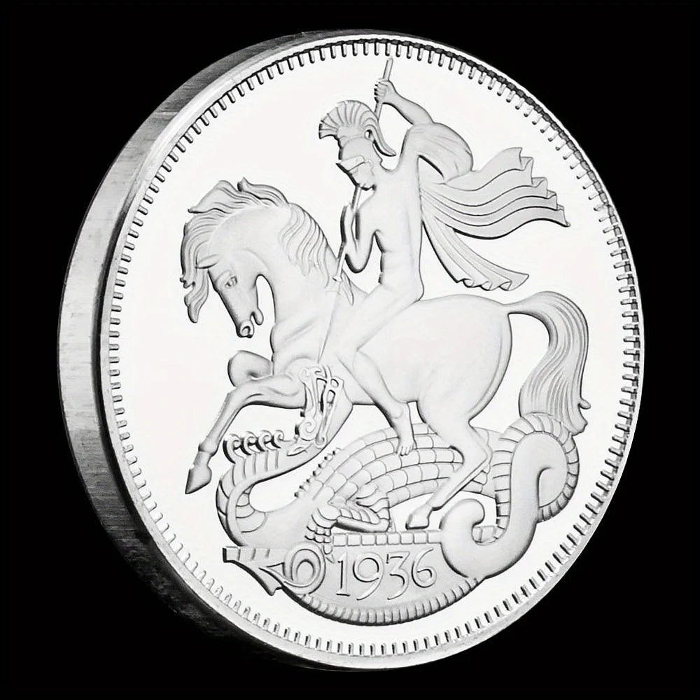 King Edward VIII Collectible Silvery Plated Souvenir Coin Saint George and The Dragon Collection Art Commemorative Coin 1593-Chinese Style Finds™