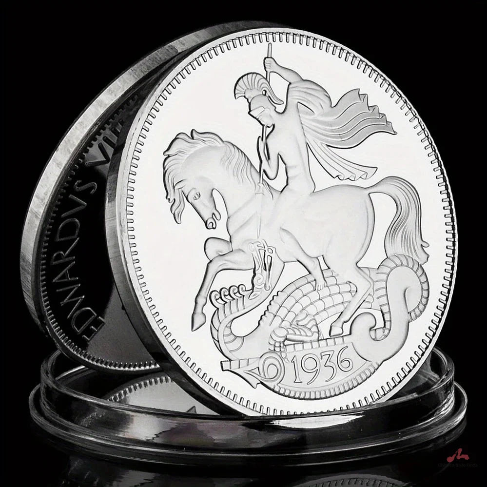 King Edward VIII Collectible Silvery Plated Souvenir Coin Saint George and The Dragon Collection Art Commemorative Coin 1593-Chinese Style Finds™