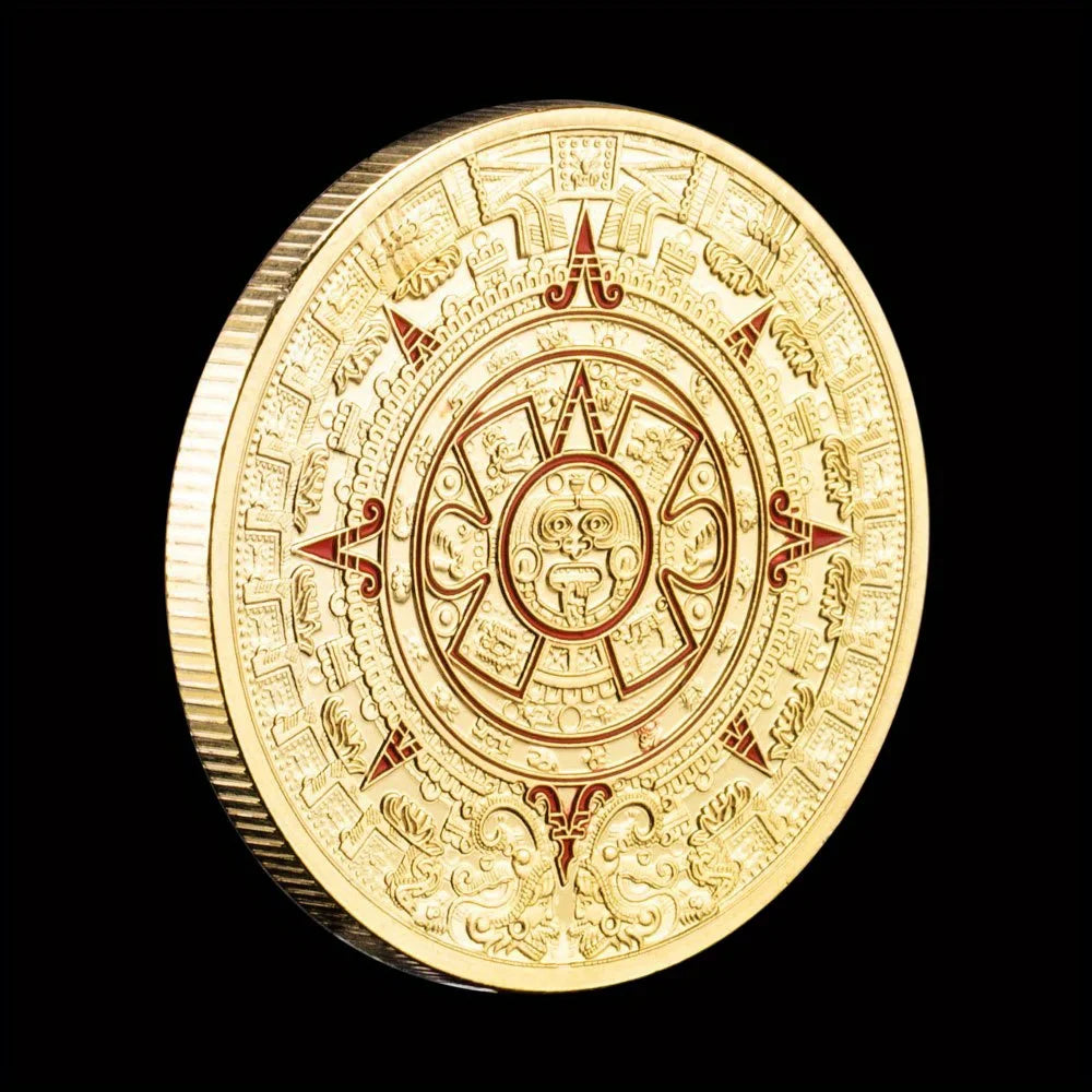 Mexican Maya Aztec Calendar Art Prophecy Culture Golden Plated Replica Commemorative Coin Collectibles 1382-Chinese Style Finds™