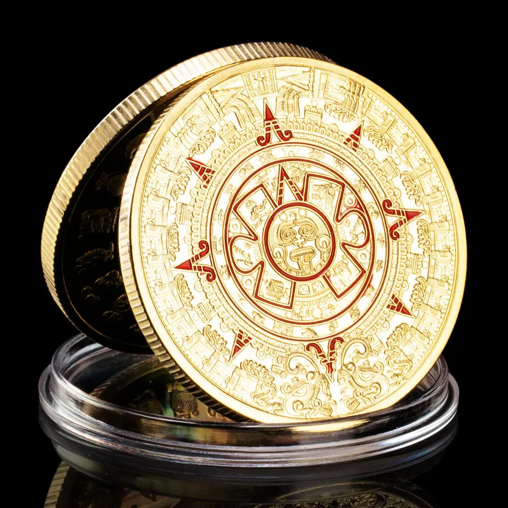 Mexican Maya Aztec Calendar Art Prophecy Culture Golden Plated Replica Commemorative Coin Collectibles 1382-Chinese Style Finds™