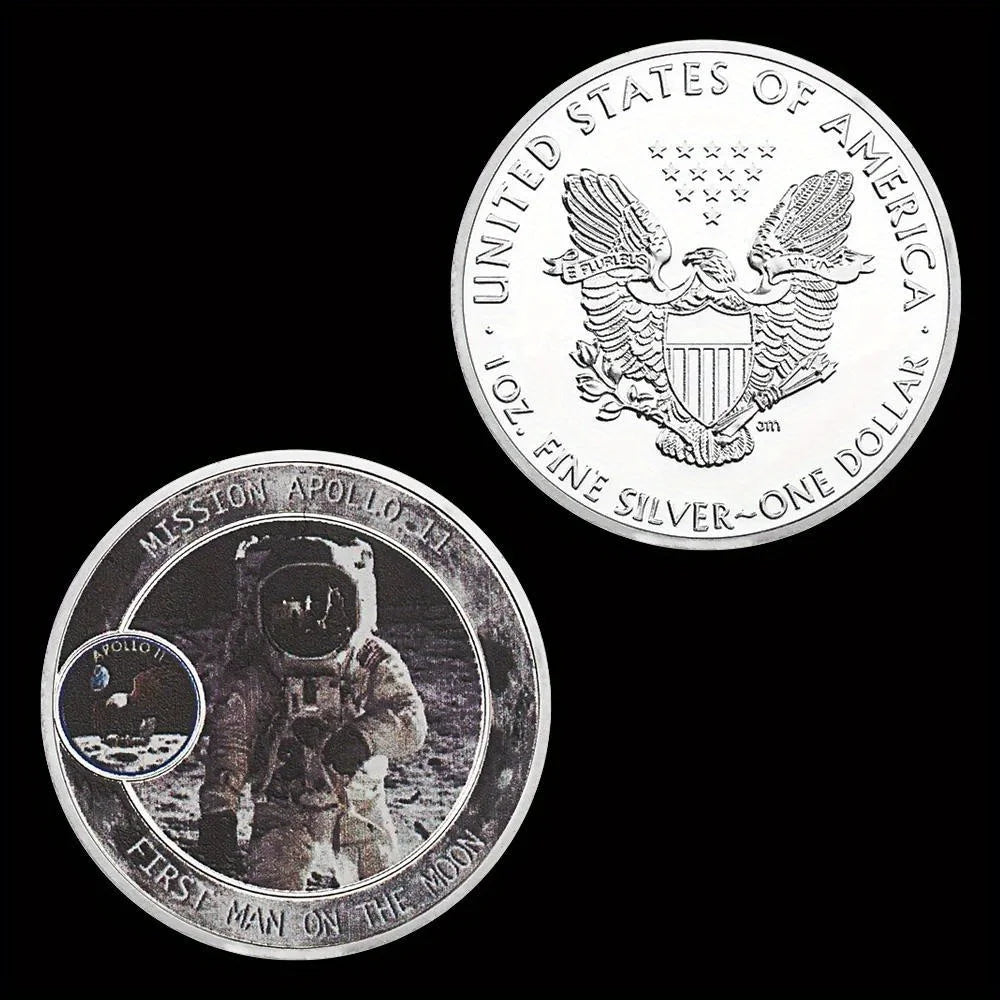 Mission Apollo-11 Moon Landing Souvenir Coin First Man on The Moon Pattern Challenge Coin US Silvery Plated Commemorative Coin 1306-Chinese Style Finds™