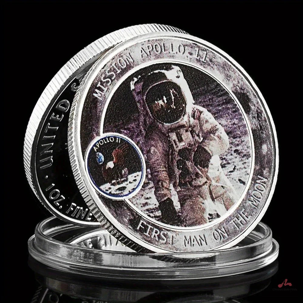 Mission Apollo-11 Moon Landing Souvenir Coin First Man on The Moon Pattern Challenge Coin US Silvery Plated Commemorative Coin 1306-Chinese Style Finds™