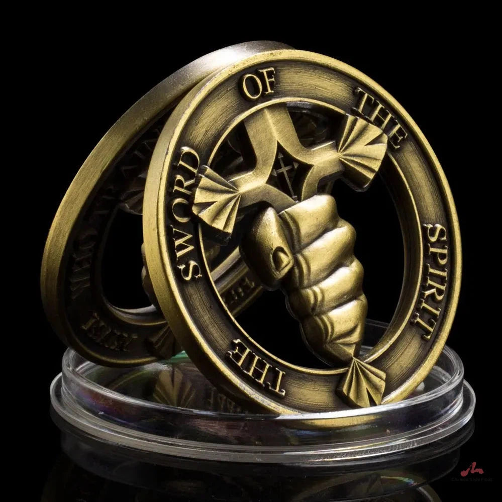 The Sword of The Spirit Souvenir Coin Piercing Bronze Plated Coin Challenge Coin Who Trains My Hands for War Commemorative Coin 1221-Chinese Style Finds™