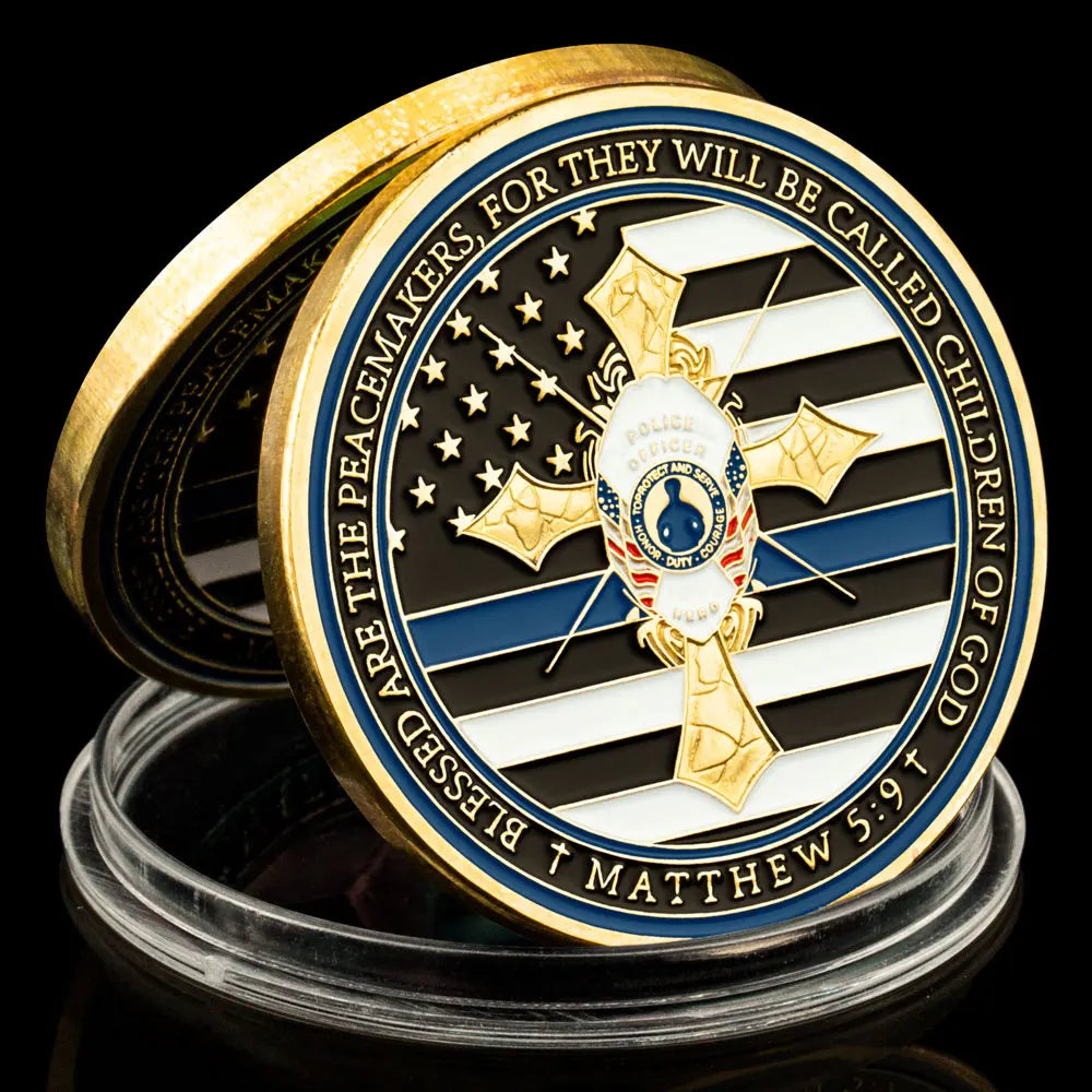 Thin Blue Line Police Souvenir Coin Police Officer's Prayer Peacemaker Coin US Flag Golden Plated Commemorative Challenge Coin 1117-Chinese Style Finds™