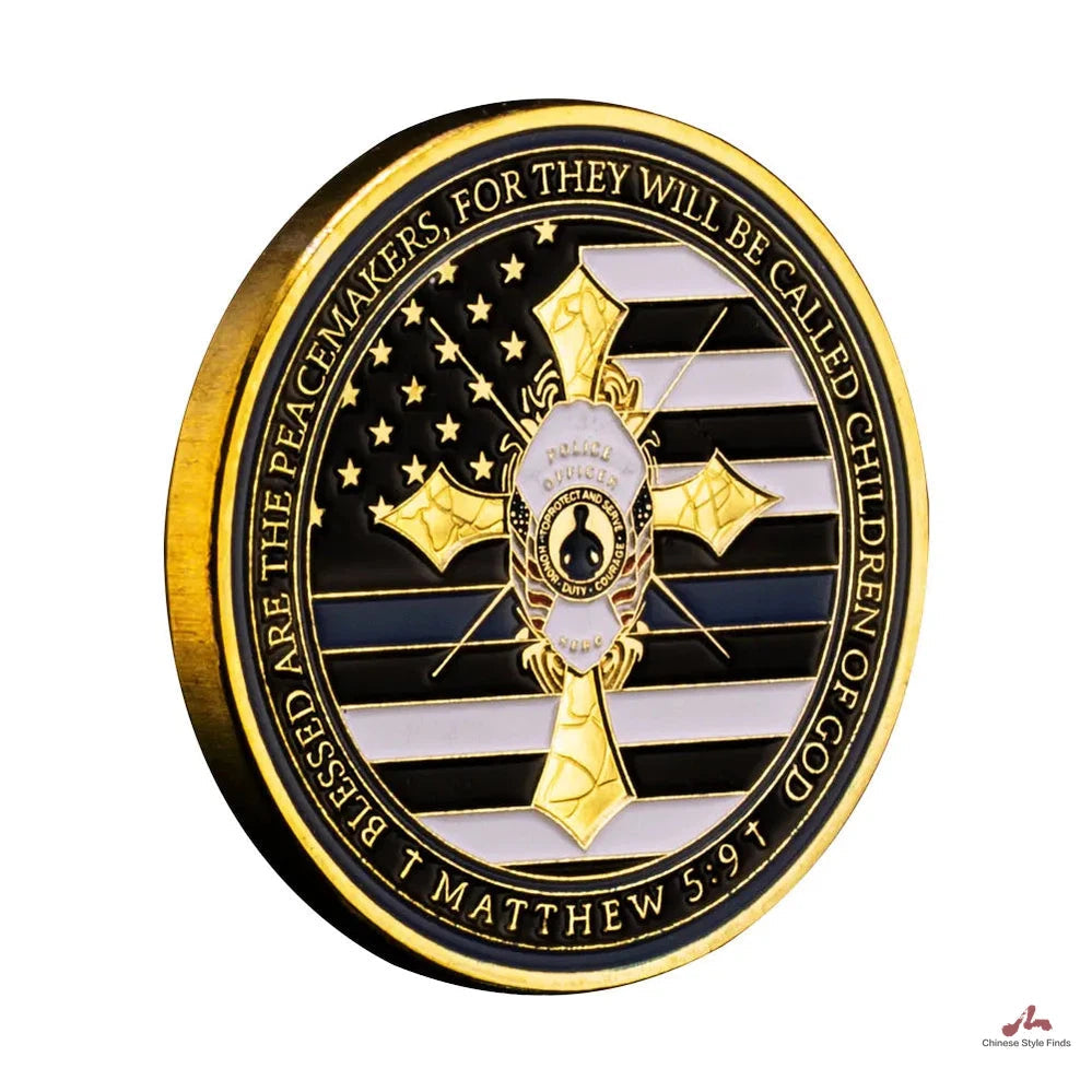 Thin Blue Line Police Souvenir Coin Police Officer's Prayer Peacemaker Coin US Flag Golden Plated Commemorative Challenge Coin 1117-Chinese Style Finds™