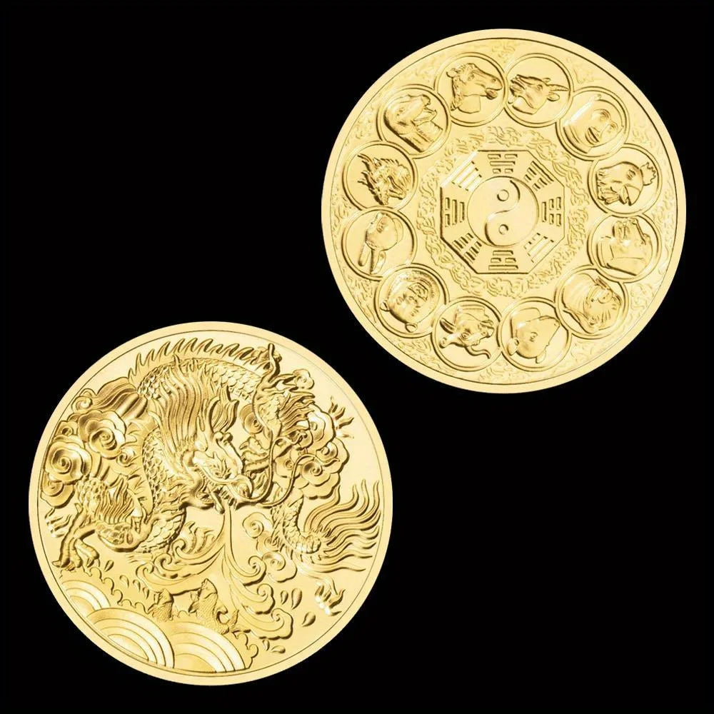 Twelve Zodiac Chinese Dragon Decorations Golden Plated Souvenirs and Gift Ideas Tai Chi Lucky Coins Commemorative Coin 1619-Chinese Style Finds™