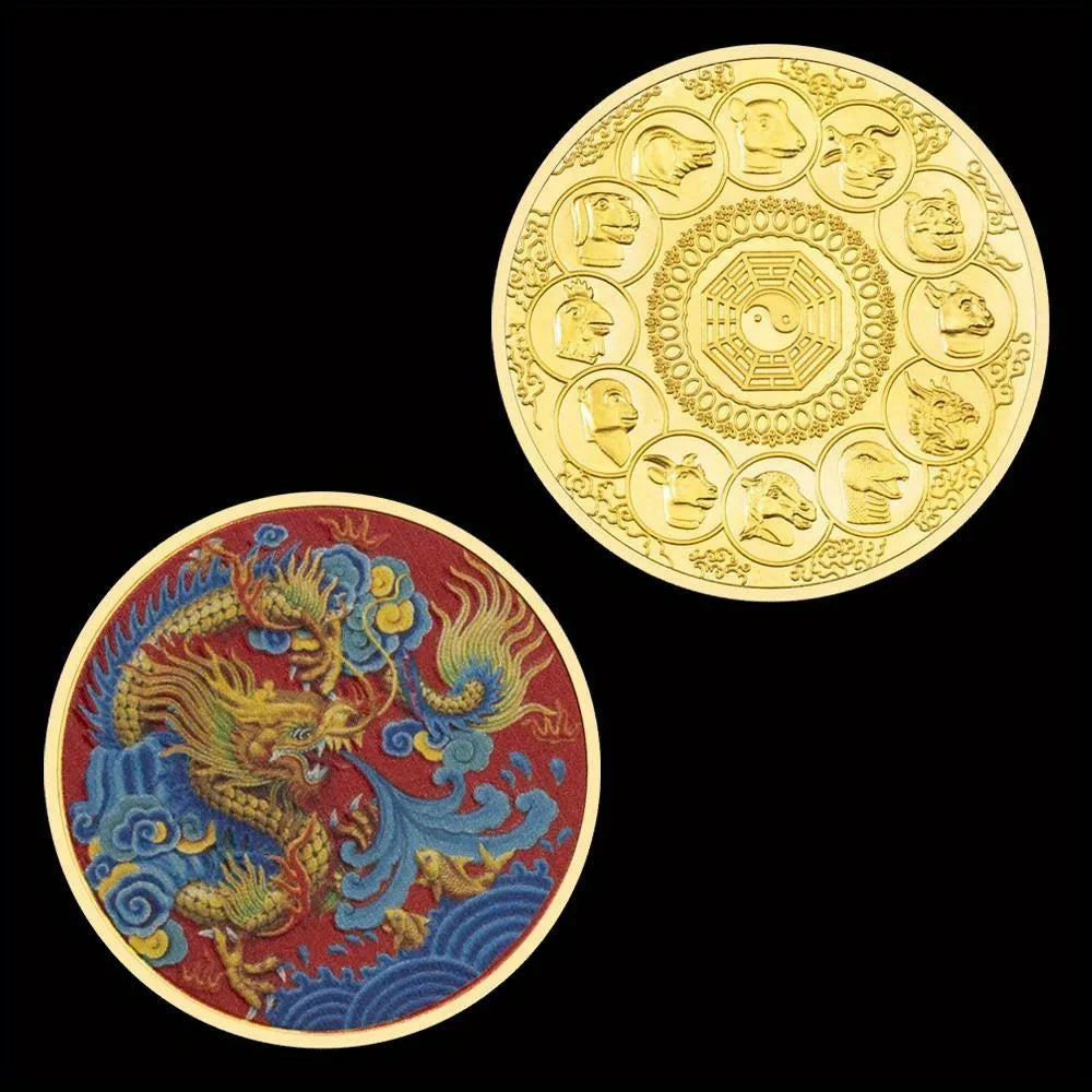 Twelve Zodiac Chinese Dragon Decorations Golden Plated Souvenirs and Gift Ideas Tai Chi Lucky Coins Commemorative Coin Room Decor 1245-Chinese Style Finds™