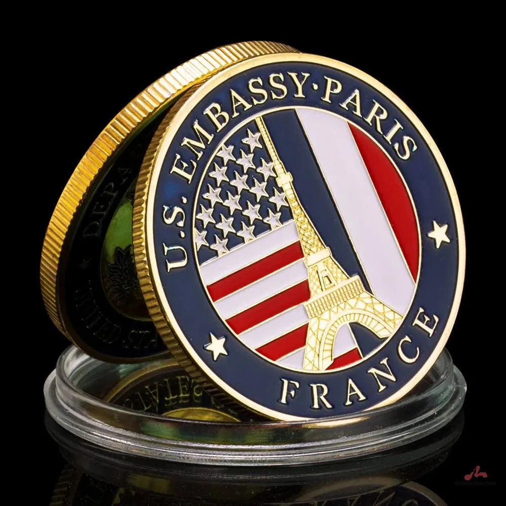 US Embassy.Paris Souvenir Coin 50mm France Paris Eiffel Tower Pattern Collectible Gift Department of States Golden Plated Coin 1677-Chinese Style Finds™