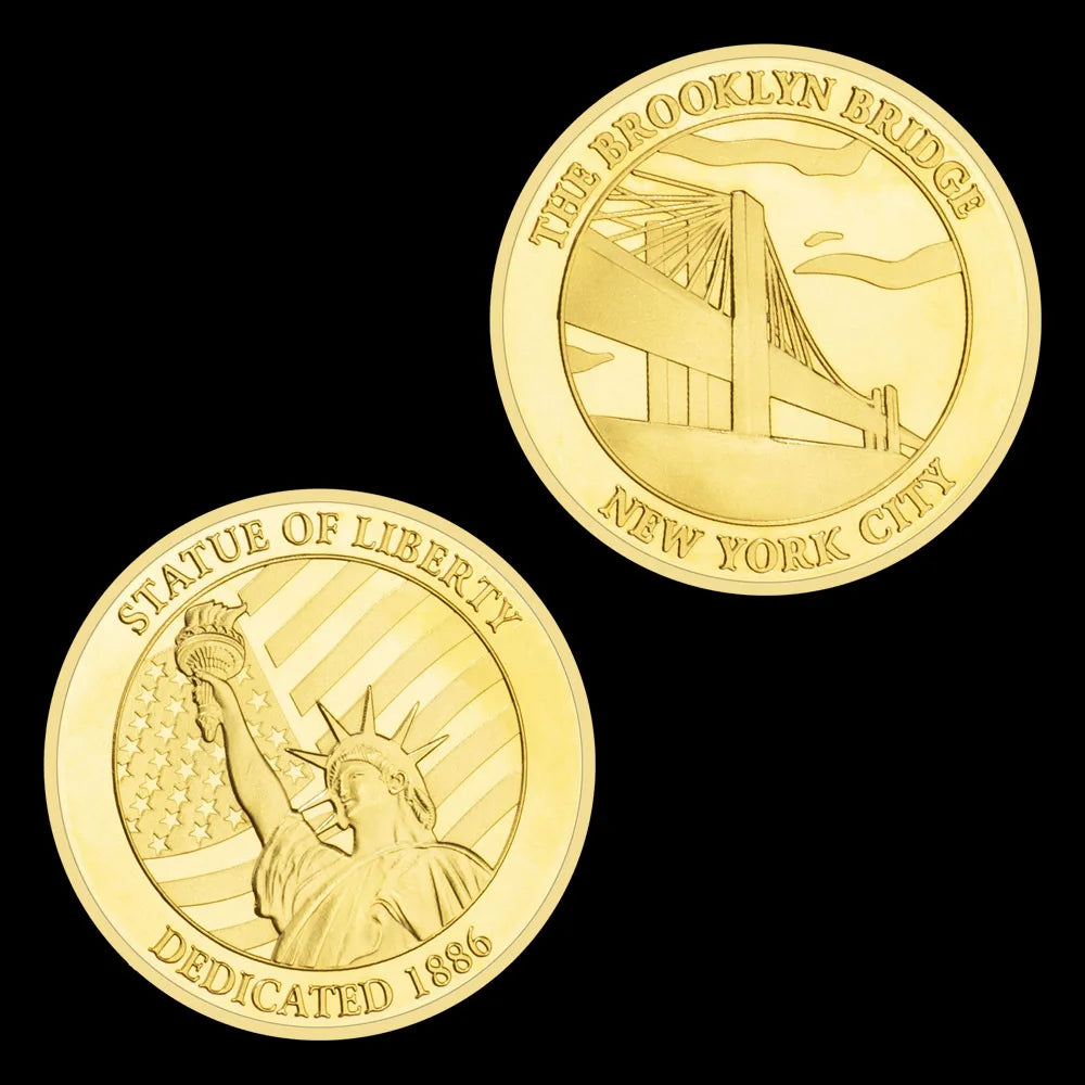 US Statue of Liberty Souvenir New York City The Brooklyn Bridge Pattern Golden Commemorative Coin Collectibles Liberty Coin 1689-Chinese Style Finds™