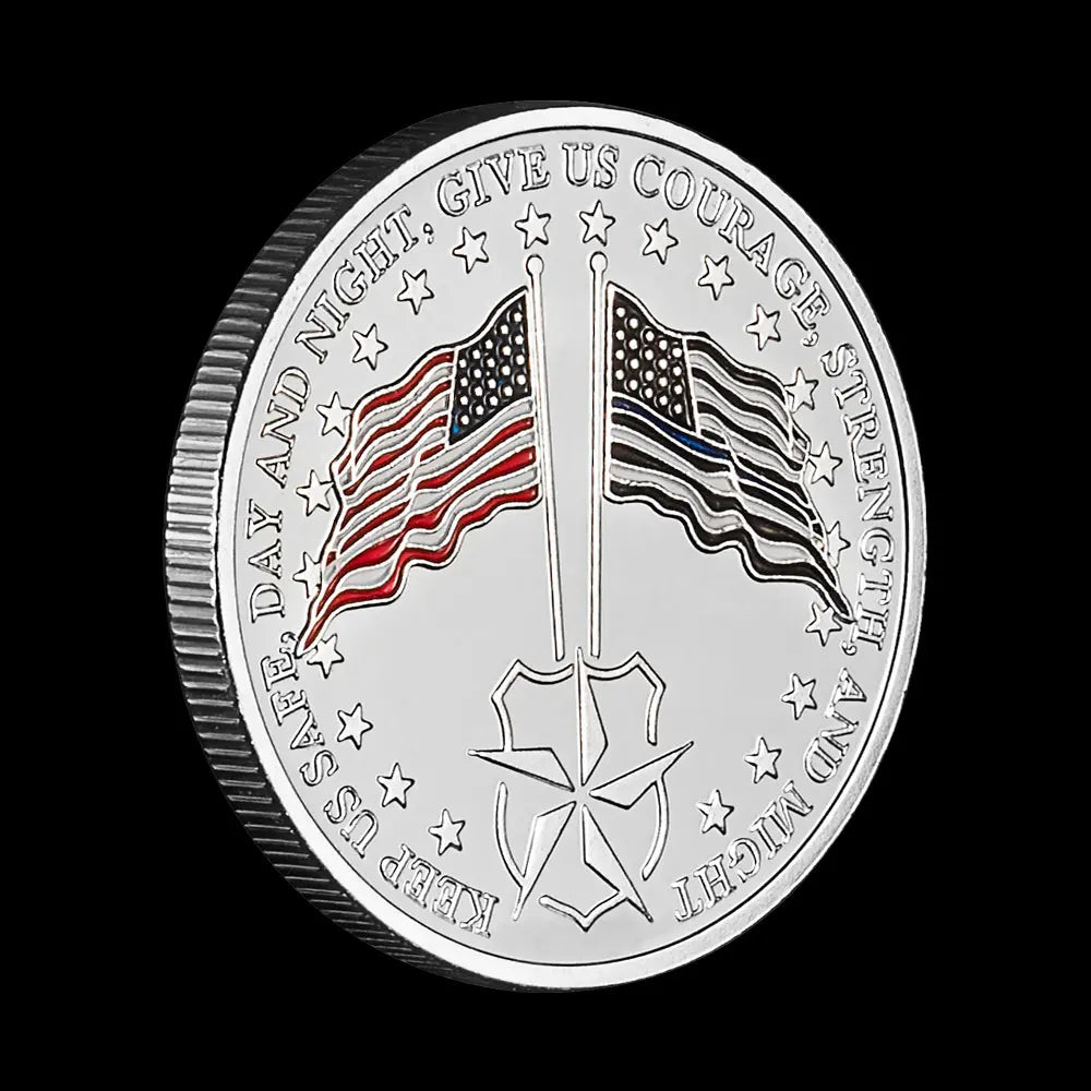 United States The Stars and Stripes Thin Blue Line Police Souvenir Silvery Plated Coin Saint Micheal Collectible Challenge Coin 1101-Chinese Style Finds™