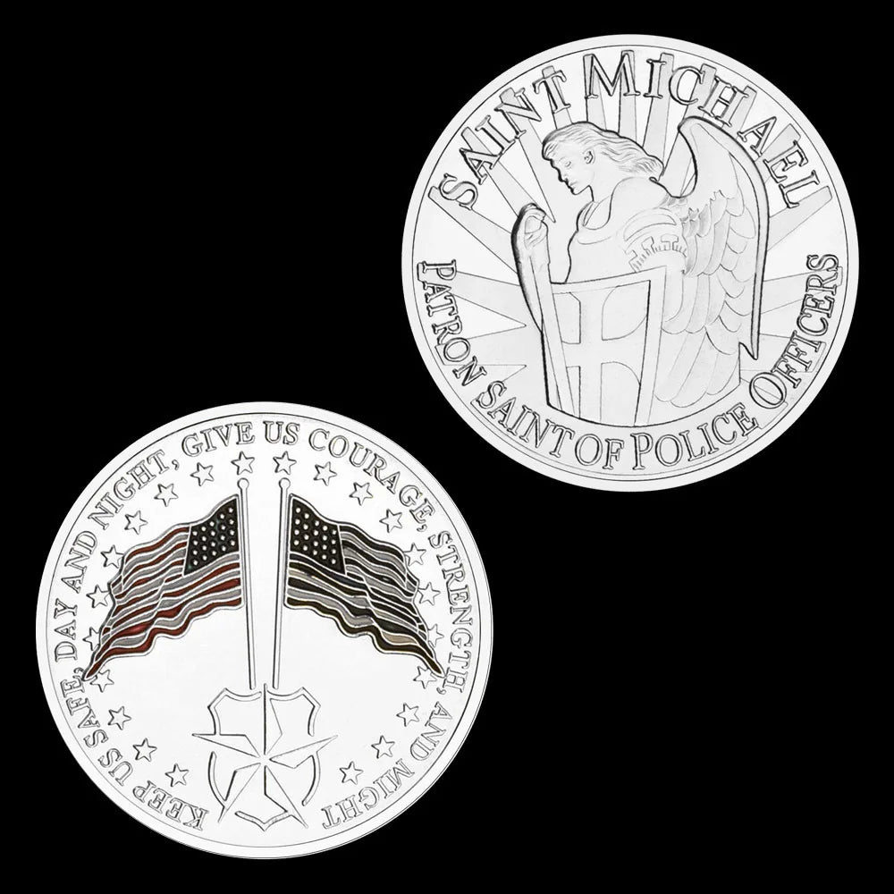 United States The Stars and Stripes Thin Blue Line Police Souvenir Silvery Plated Coin Saint Micheal Collectible Challenge Coin 1101-Chinese Style Finds™